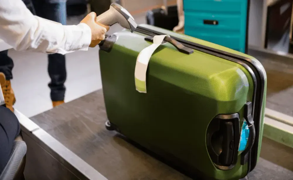 Woman Scanning Tag On Luggage At Airport Check-in